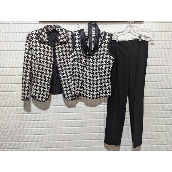 Escada Women's Black White Houndstooth Quilted Jacket Silk Blouse Wool Pant Set - Picture 1 of 11